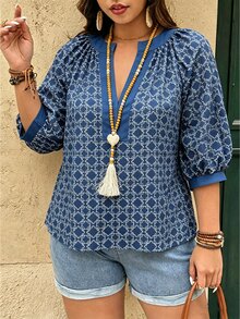 Linhara Fashionable Casual Vacation Vintage Elegant Commute 3/4 Sleeve Blue Printed Blouse - Blue - View 4