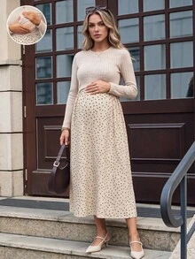 SHEIN 孕婦綠色長袖圓領休閒百搭洋裝，秋季女裝穿搭 - 杏色 - 查看 9