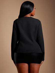 SHEIN SXY سترة بليزر سوداء قصيرة ضيقة بدون ياقة مثيرة - الأسود - مشاهدة 9