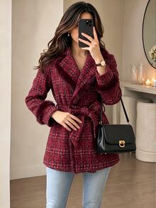 Yalmera Women's Fashionable Versatile Wool Blend Jacket With Waist Tie - Red - View 4