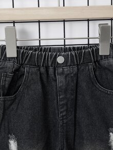 SHEIN 男童百搭休閒破洞磨損修身牛仔褲 - 黑色 - 查看 4