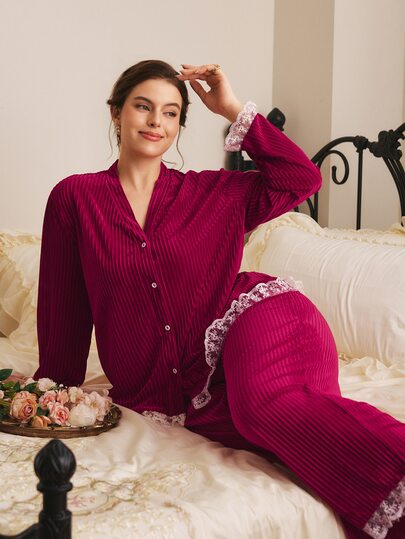 Côtesoire Conjunto de pijama de mujer talla grande con pantalones de manga larga, terciopelo elegante francés con contraste de color y encaje