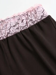 Sweetra 女款蕾絲飾邊V領長袖純色T恤與喇叭褲，秋季套裝，2件組 - 棕色 - 查看 7