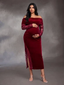 SHEIN Burgundy Velvet Contrast Lace Long Sleeve Plus Size Maternity Evening Gown, Cold Shoulder, High Slit Sheer Lace Elements, Suitable For Evening Party, Cocktail Or Wedding - Burgundy - View 4