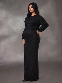 Cheriluna Maternity فستان أسود من قماش منسوج بمقاس كبير للحوامل، أنيق بأكمام فانوس وياقة دائرية وقصة ضيقة مع ذيل سمكة - الأسود - مشاهدة 4