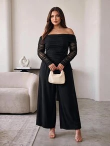 Hourglow Plus Size Women's Off-Shoulder Mesh Patchwork Long Sleeve Top And Pants Set - Black - View 3