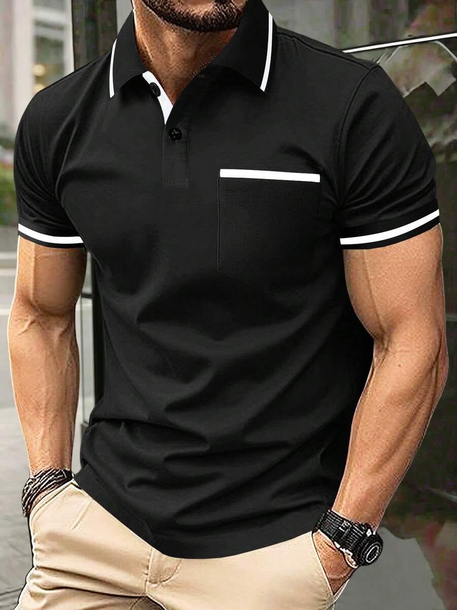 Calvornis 男士對比飾邊鈕扣 Polo 衫,休閒夏季短袖上衣,高爾夫球衫,正式場合、儀式適用 - 黑色 - 查看 1