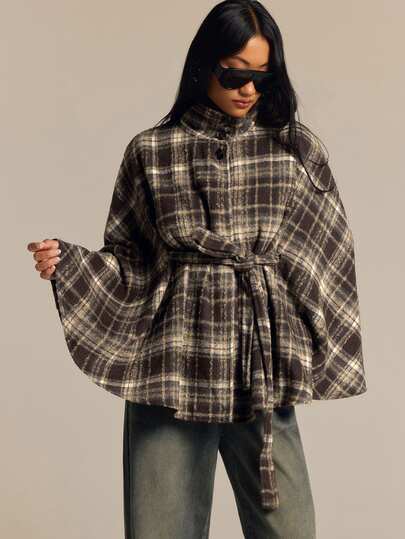 COSMINA Women's Woolen High Neck Cape Style Cinched Waist Waist Brown & Light Color Plaid Pattern Autumn/Winter Outfit For Going Out
