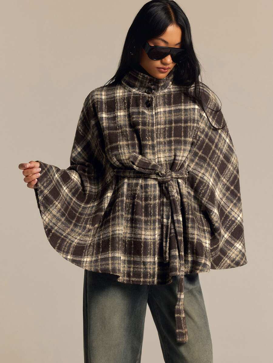 COSMINA Women's Woolen High Neck Cape Style Cinched Waist Waist Brown & Light Color Plaid Pattern Autumn/Winter Outfit For Going Out - Multicolor - View 1