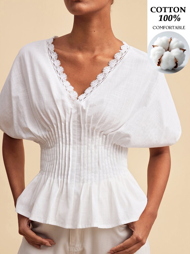 Travachic Women's Lace Patchwork V-Neck Pleated Casual Daily Top - White - View 4