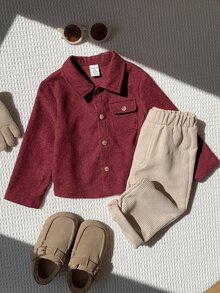SHEIN Baby Boy Solid Color Versatile Comfortable Collared Long Sleeve Button-Up Shirt - Burgundy - View 5