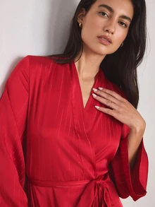 Ocili Women's Elegant Glossy Satin Minimalist Long Robe - Burgundy - View 7