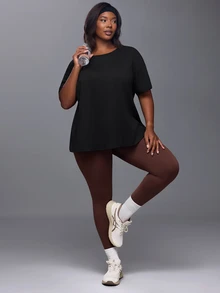 Voyena Women's Plus Size Solid Color Round Neck Short Sleeve Back Cutout Design Sports T-Shirt - Black - View 4