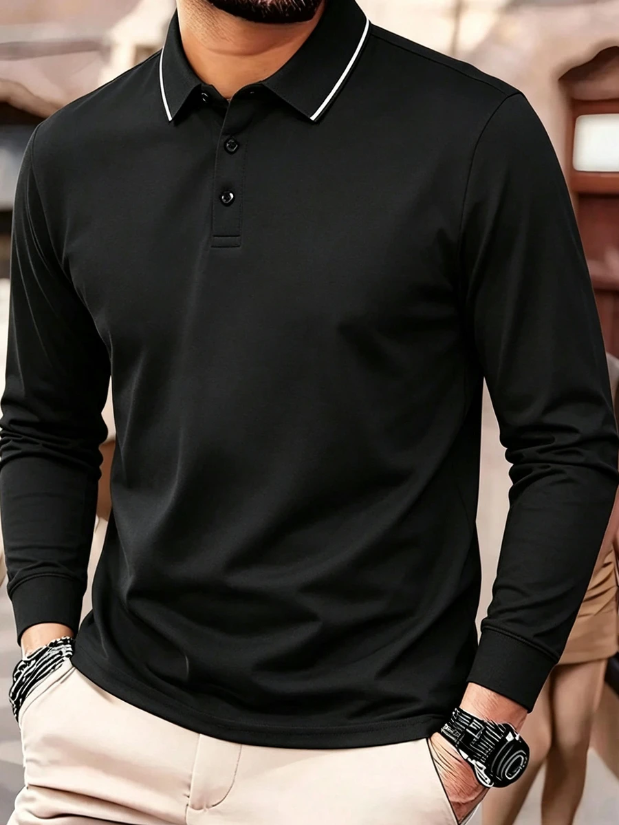DAZY 春秋款黑色 Polo 領長袖修身通勤男士 T 恤 - 黑色 - 查看 1