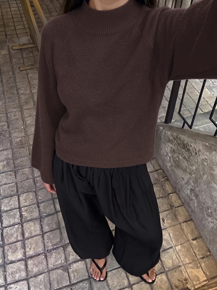 SHEIN BAE New Semi-High Neck Raglan Sleeve Loose Fit 3/4 Sleeve Relaxed Versatile Flattering Women's Sweater - Coffee Brown - View 2
