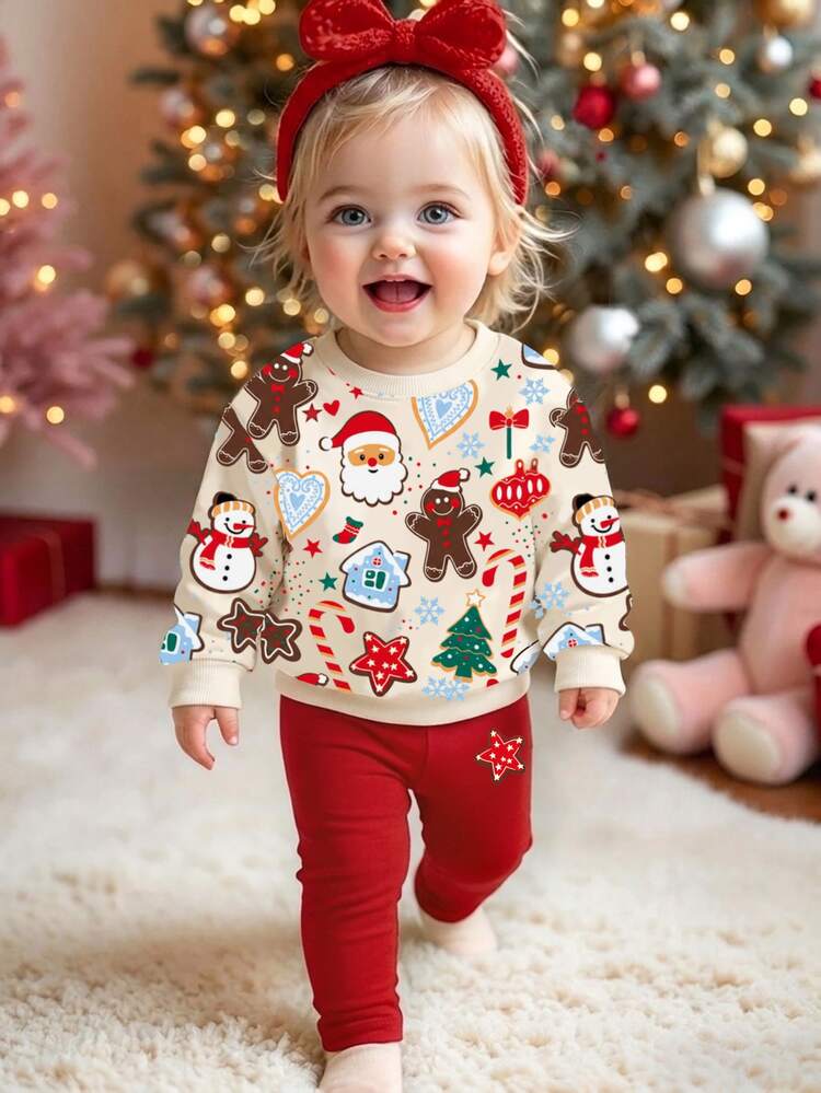 Christmas Back To School Autumn/Winter Girls Holiday Outfit, Cute Gingerbread Man Print Sweatshirt & Leggings Set, American Style Crew Neck Sweatshirt & Tight Pants Set, Versatile Personalized Baby GirlOutfit, Suitable For Girls 2Y-3Y - Multicolor - View 1