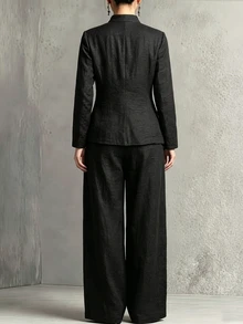 Linhara CURVE Plus Size Autumn/Winter Premium Black Stand Collar Front Button New Chinese Style Long Sleeve Straight Leg Pants With Pockets 2 Pieces Set - Black - View 2