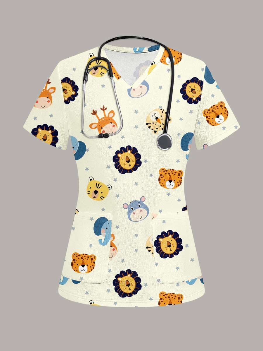 PopScrub Fun Animal Meeting Lion Tiger Elephant Cow Deer Star Pattern Women's Scrub Uniform Top - Multicolor - View 1