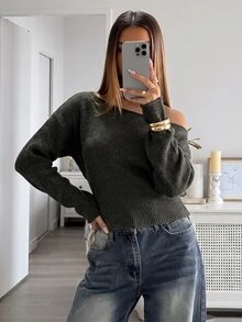 Aloruh 女款淺米色不對稱肩領短版針織套頭毛衣，休閒秋冬款，老錢風優雅約會早午餐外出上衣 - 軍綠色 - 查看 4