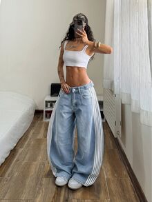 StreetHx Women's Side Stripe Pocket Wide Leg Loose Casual Denim Jeans - Light Wash - View 3