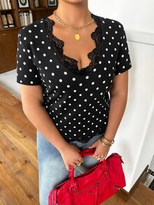 Rivivi Plus Size Women Polka Dot Contrast Lace V-Neck Short Sleeve Fashion Denim Top - Black - View 5