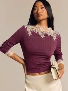 COSMINA Women's Long Sleeve Top Lace Patchwork Contrast Color Design Purple Top For Autumn/Winter - Multicolor - View 1