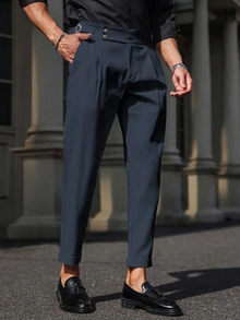 Manfinity Mode Men's Casual Solid Color Tapered Formal Pants For Commuting, Autumn, Fall Formal - Navy Blue - View 3