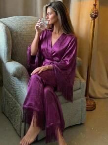 DAZY 2pcs/Set Women's Pajama Set, Tassel Patchwork V-Neck Cardigan Long Sleeve Top And Straight Leg Long Pants - Purple - View 1