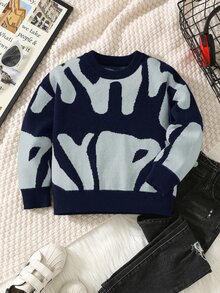 SHEIN 1件小男孩休閒街頭風圓領毛衣，柔軟極簡字母拼色印花衛衣，返校季冬季秋季校園日常穿著 - 彩色 - 查看 3