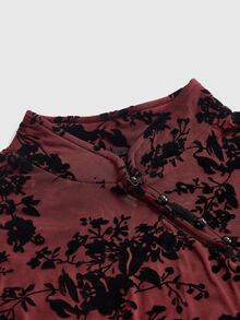 ROMWE Avant Summer Outfits New Chinese Style Plant Flocked Sheer Mesh Top With Cheongsam Collar - Burgundy - View 3