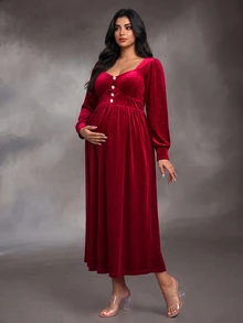 SHEIN Gaun Pesta Malam Hamil Ukuran Plus Lengan Panjang Beludru Burgundy Leher Persegi Dekorasi Gesper Berlian Potongan A-Line Elegan - Burgundy - View 5