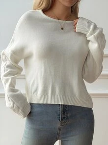 DAZY Women's White V-Neck Cardigan Sweater, Backless With Bowknot, Cable Knit, Loose Casual Commuter Street Date Style, Autumn/Winter - White - View 5