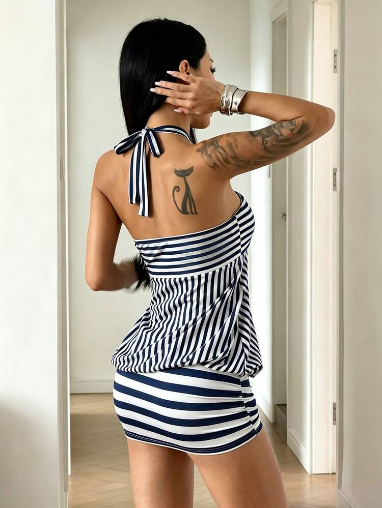 SHEIN HypeZone Women's Striped Pleated Sexy Fashion Halter Neck Dress - Navy Blue - View 2