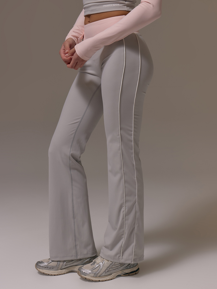 Musera Sport 對比色腰部滾邊細節修身喇叭褲套裝 可愛甜美風 秋冬健身度假穿搭 纖巧冰感 - 灰色 - 查看 3