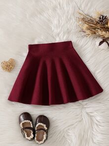 Young Girl Solid Color Elastic Waist Casual Knit Skirt - Burgundy - View 1