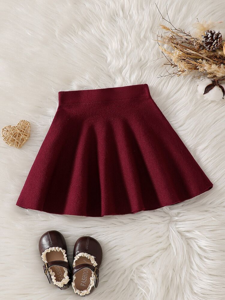 Young Girl Solid Color Elastic Waist Casual Knit Skirt - Burgundy - View 1