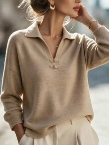 Velvienne Plus Size Vintage Frog Button Long Sleeve Pullover Sweater - Apricot - View 1