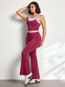 Eassivo Women's Colorblock Top And Leggings Casual Daily Sports Set - Burgundy - View 5