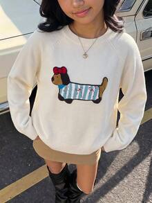 Girlism 青少年女孩秋冬休閒圓領長袖貼布繡針織毛衣，百搭秋冬冬季長袖毛衣 - 米色 - 查看 4