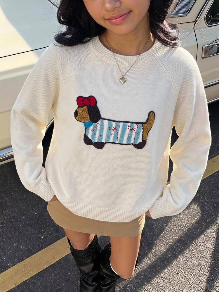 Girlism Tween Girl Tween Girls Sweaters Autumn/Winter Casual Crew Neck Long Sleeve Applique Embroidered Knitwear, Versatile For Autumn/Winter, Winter Long Sleeve Sweater - Beige - View 1