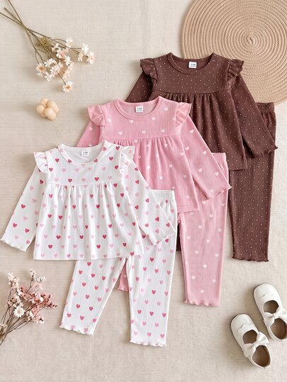 SHEIN Playful Pals Toddler Baby Girls Top Pants Set Cute Sweet Pink White Brown Heart Print Polka Dot Ruffle Long Sleeve Round Neck Regular Holiday Party Fall Cozy Rib