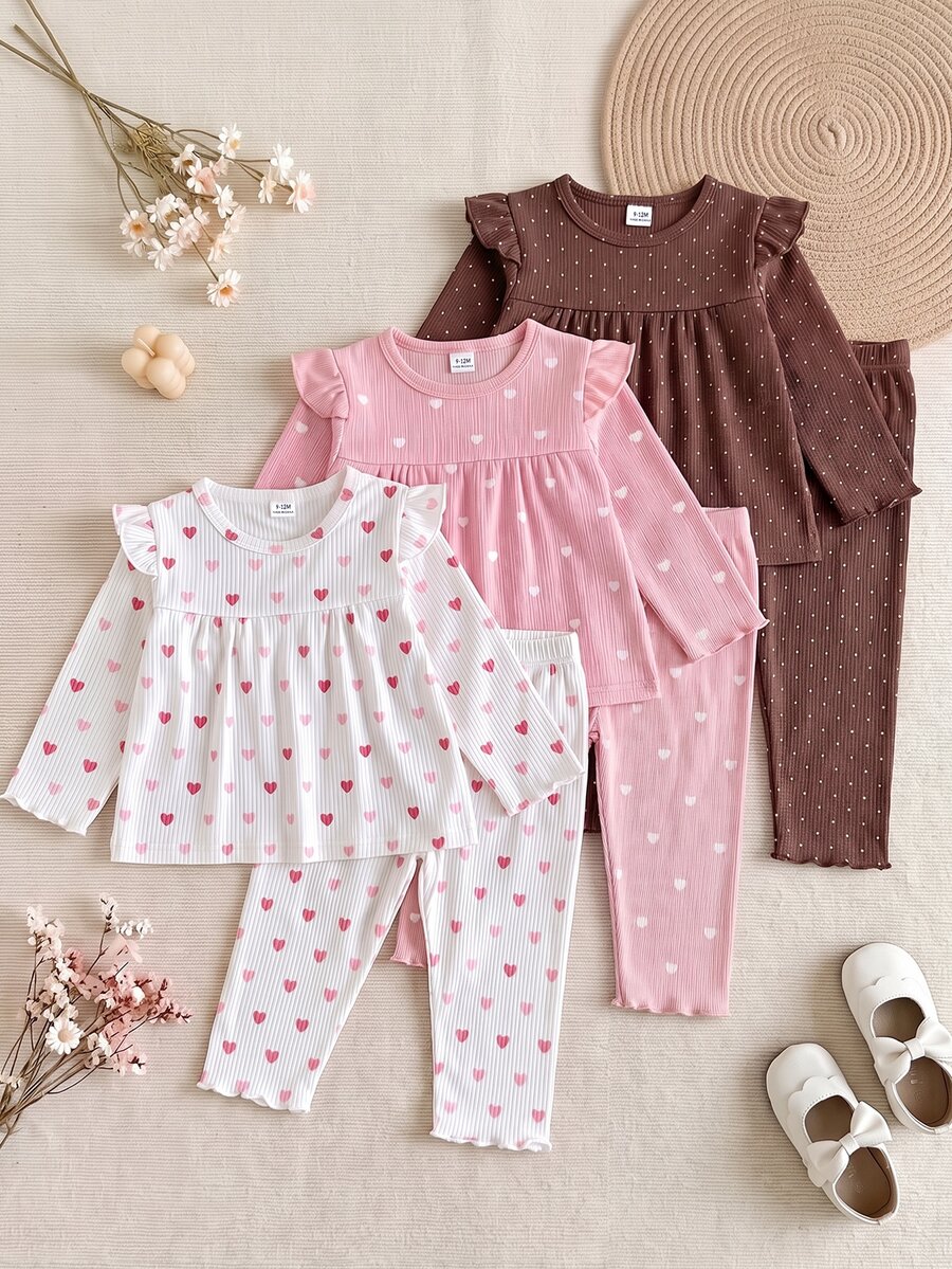 SHEIN Playful Pals 幼兒女嬰上衣褲子套裝 可愛甜美 粉色白色棕色 心形印花波點 荷葉邊長袖圓領 常規款 假日派對 秋季舒適羅紋 - 彩色 - 查看 1