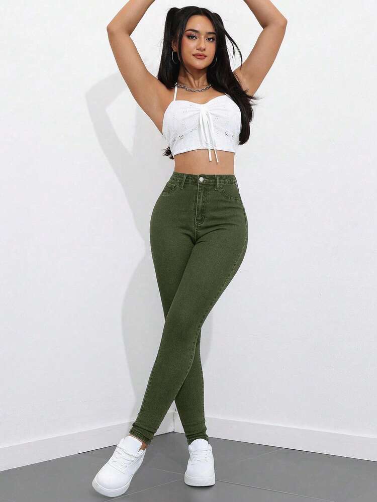 SHEIN ICON Plus Size Women's Street Casual Stretch Comfortable Dark Blue Denim Skinny Jeans - Green - View 8