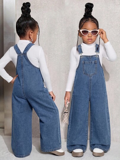 SHEIN Young Girl Casual Daily Denim Overalls With Pockets