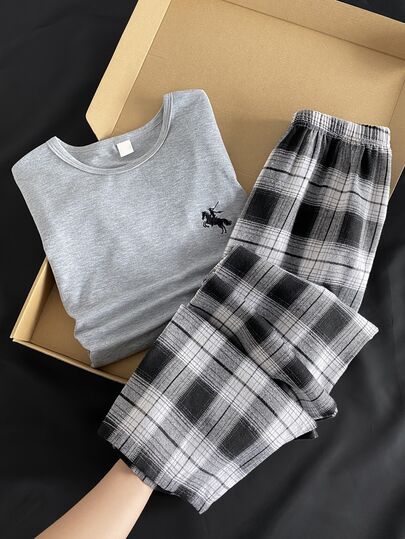 Boys Elegant Minimalist Fashion Light Gray Round Neck Horse Rider Embroidery Long Sleeve Top And Black & White Plaid Long Pants Casual Comfortable Loungewear 2 Pieces Set