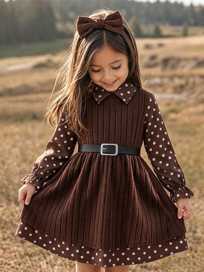 Young Girl Young Girl Collar Polka Dot Patchwork 2 In 1 Dress With Belt Casual Cute Long Sleeve Pleated A-