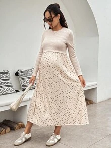 SHEIN 孕婦綠色長袖圓領休閒百搭洋裝，秋季女裝穿搭 - 杏色 - 查看 8