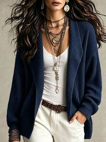 SHEIN Waterfall Collar Drop Shoulder Cardigan - Navy Blue - View 4