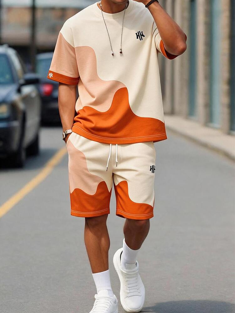 Sorvial Men's Letter Pattern Colorblock Short Sleeve T-Shirt And Shorts Casual Daily Set - Orange - View 1