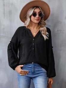 SHEIN LUNE 缺口領燈籠袖休閒襯衫 - 黑色 - 查看 5